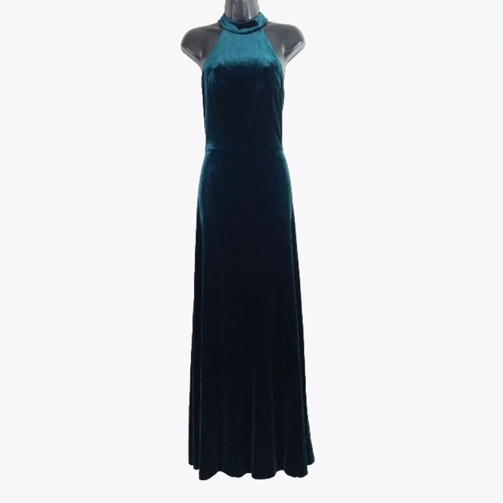 Revelry Tori Dress 6 Velvet Green Maxi Halter cocktail formal wedding bridesmaid